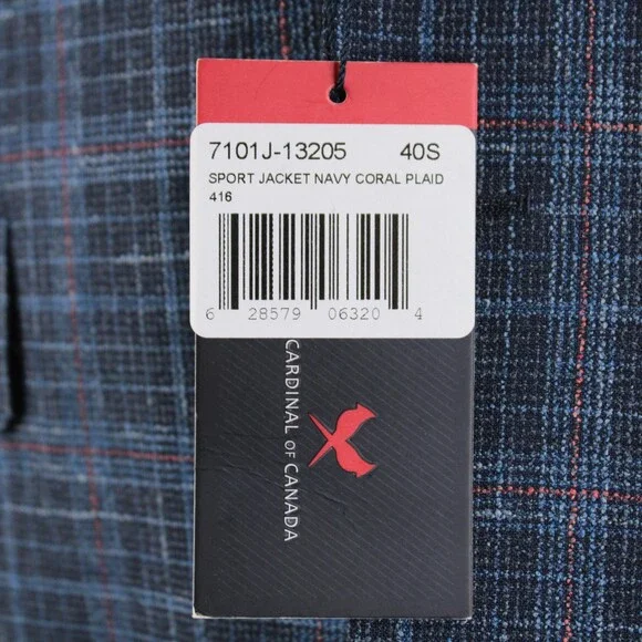 Cardinal of Canada NWT Wool Blend Sport Coat Size 40S US In Blue w/ Coral Plaid